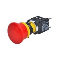 BOTON 16MM TIPO HONGO ROJO MANTENIDO (GIRAR P/DESENCLAVAR) C/BASE Y 1 CONTACTO N.O.