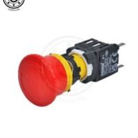 BOTON 16MM TIPO HONGO ROJO MANTENIDO (GIRAR P/DESENCLAVAR) C/BASE Y 1 CONTACTO N.O.